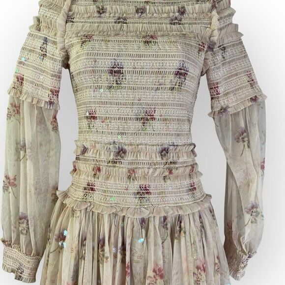 Needle & Thread Sequin Mini Dress with Sheer Sleeves in Dusty Mauve Pink Floral - Picture 14 of 15